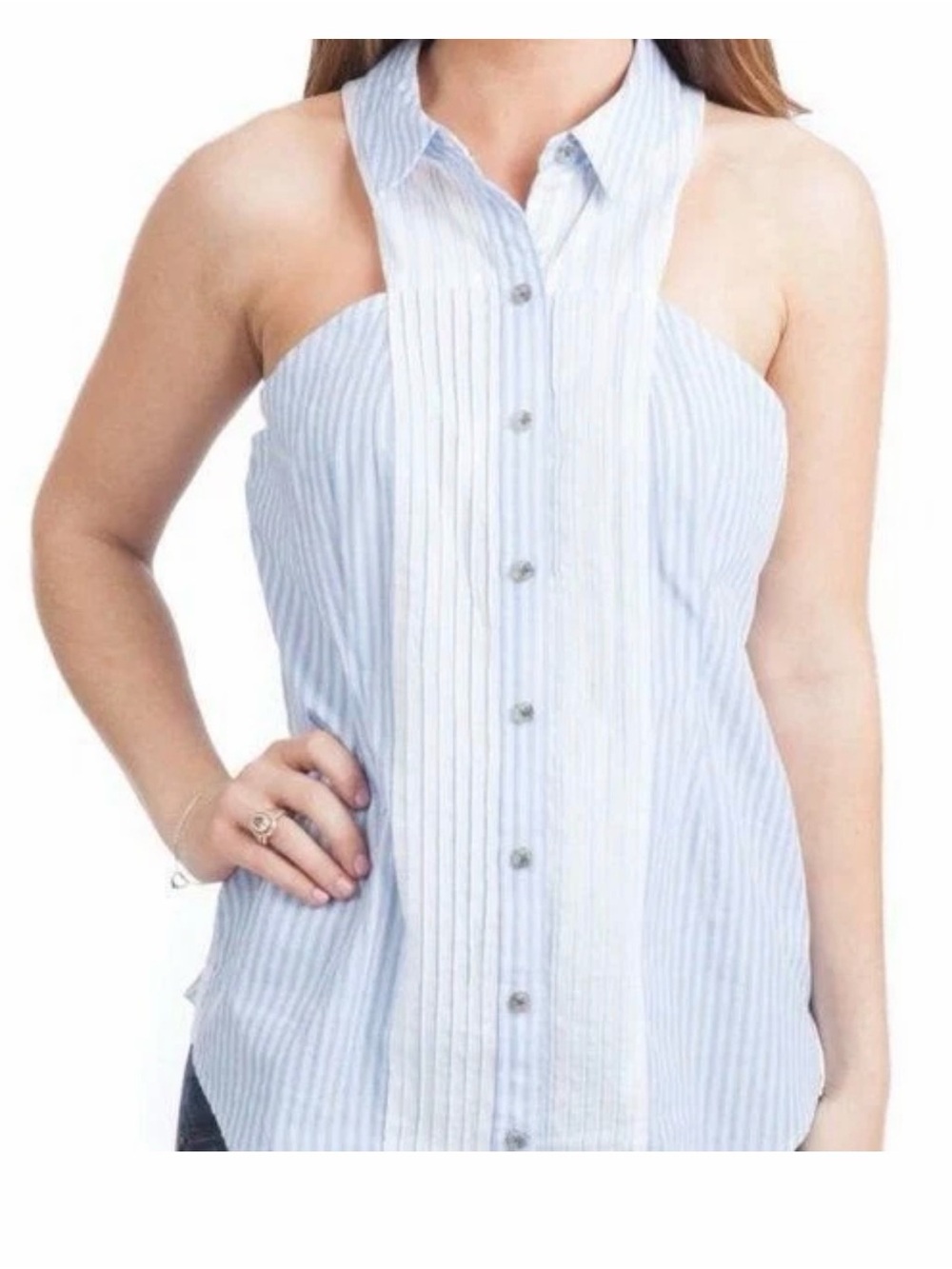 Anthropologie Maeve Sleeveless Collard Stripped Button Down Halter Blouse Size12